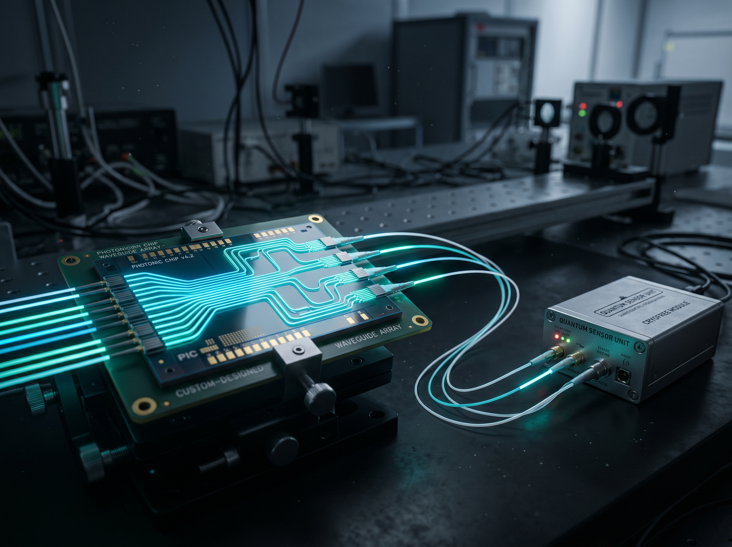Photonic integrated chip with glowing waveguides connected to a room-temperature detector module
